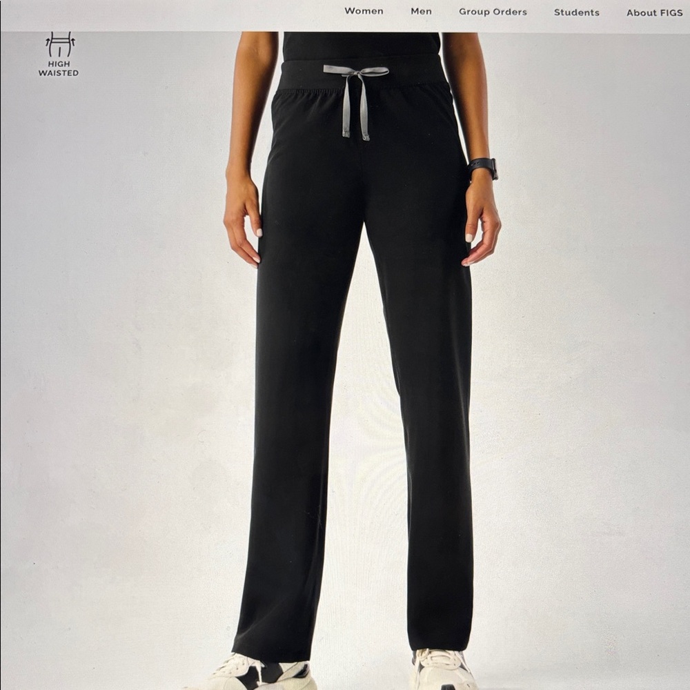 Figs High-Waisted Straight Leg Track Pants — Black with Gray Drawstring